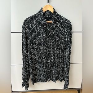 AllSaints black with white music notes loop collar button up fleck shirt